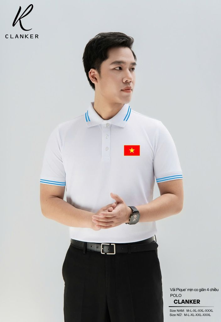 Áo Polo Trắng Cờ Đỏ Sao Vàng Cổ Viền Đen 01 Nam Nữ