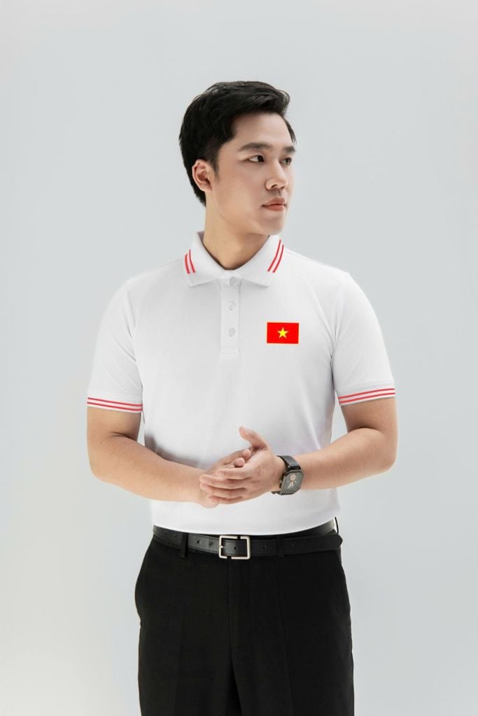 Áo Polo Trắng Cờ Đỏ Sao Vàng Cổ Viền Đỏ Nam Nữ
