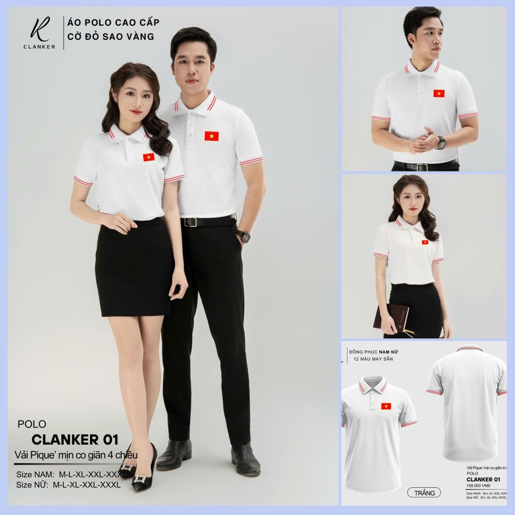 Áo Polo Trắng Cờ Đỏ Sao Vàng Cổ Viền Đen 02 Nam Nữ