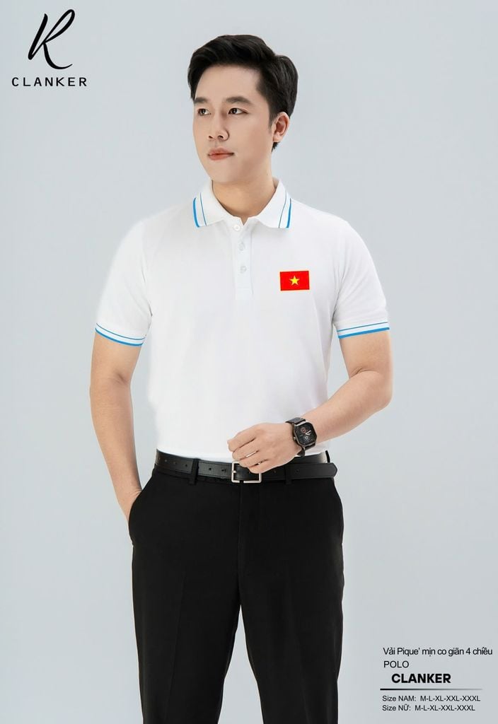 Áo Polo Trắng Cờ Đỏ Sao Vàng Cổ Viền Xanh Nam Nữ