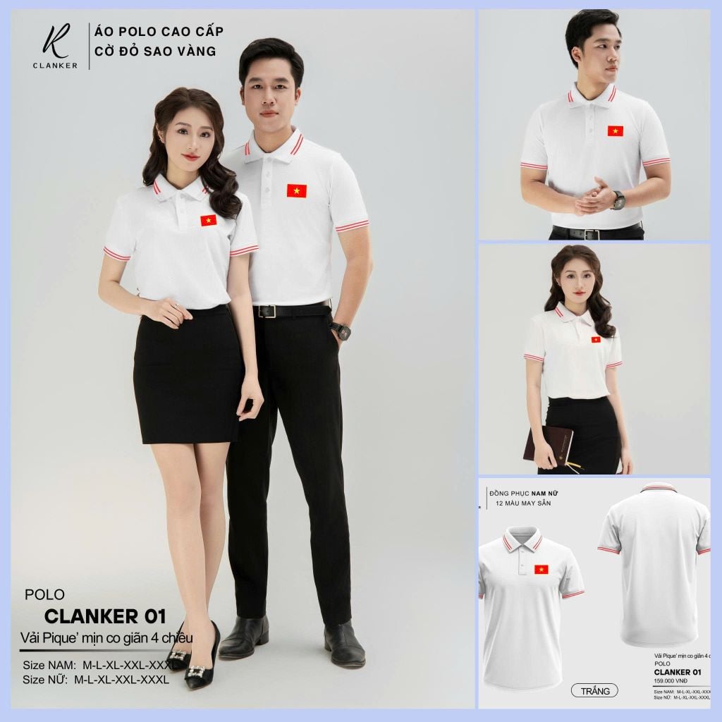 Áo Polo Trắng Cờ Đỏ Sao Vàng Cổ Viền Xanh Nam Nữ