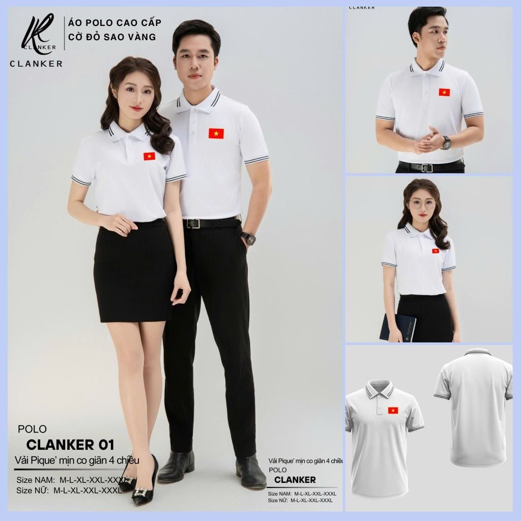 Áo Polo Trắng Cờ Đỏ Sao Vàng Cổ Viền Đen 02 Nam Nữ