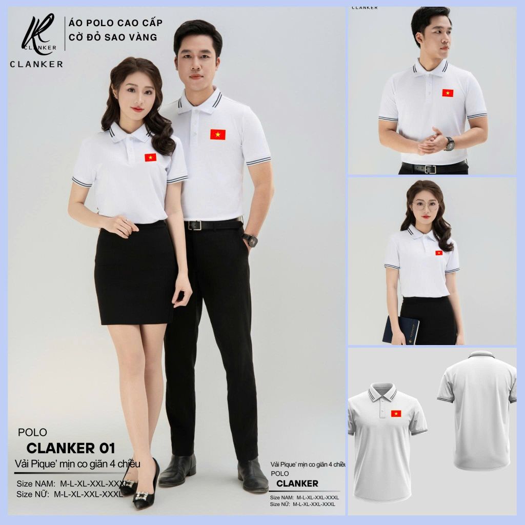 Áo Polo Trắng Cờ Đỏ Sao Vàng Cổ Viền Xanh Nam Nữ