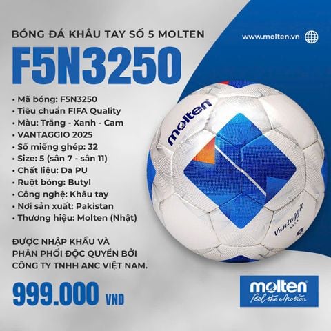 Bóng Đá Khâu Tay Số 5 Molten Vantaggio F5N3250 — Đạt Chuẩn FIFA, Bền Bỉ, Cực Êm Chân