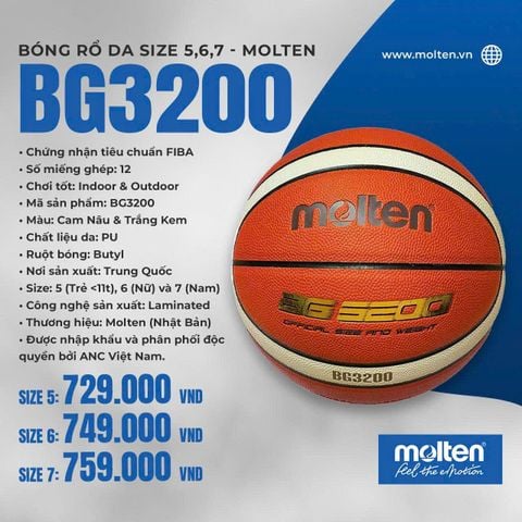 Bóng Rổ Da PU Molten BG3200 (Size 5, 6, 7) — Lựa Chọn Hoàn Hảo Mọi Sân Đấu