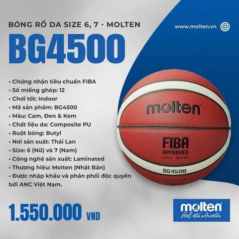 Bóng Rổ Composite PU Molten BG4500 (Size 6, 7) — Đẳng Cấp Thi Đấu Quốc Tế