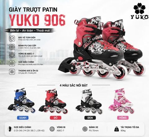 Giày Patin Yuko Mã 906 Màu Đỏ - Bánh Phát Sáng