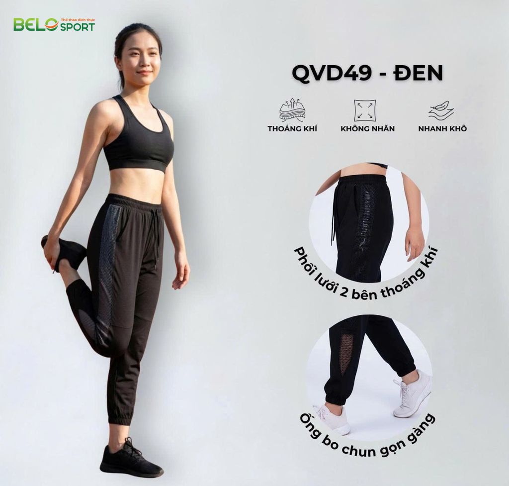 Quần Gió Thể Thao Dài Nữ Bó Côn Vina QVD49 – Thoải Mái, Tôn Dáng, Năng Động