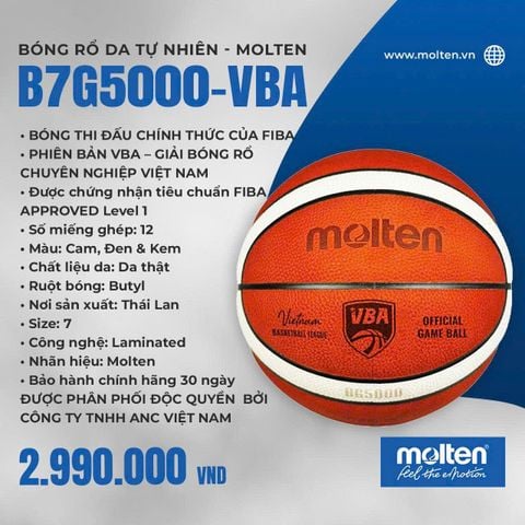 Bóng Rổ Da Tự Nhiên Molten B7G5000-VBA — Bóng Thi Đấu Chính Thức Giải VBA