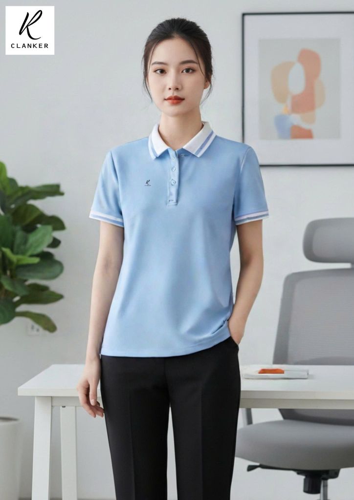 Áo Polo Thể Thao Cao Cấp Clanker 08 Nam Nữ Màu Xanh Cổ Trắng Viền