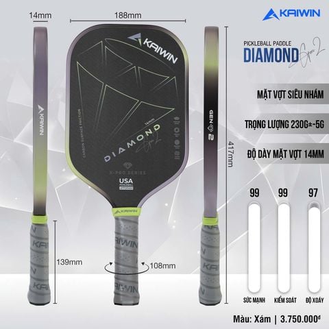 Vợt Pickleball Kaiwin Diamond Gen 2 Màu Xám