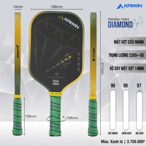 Vợt Pickleball Kaiwin Diamond Gen 2 Màu Xanh Lá