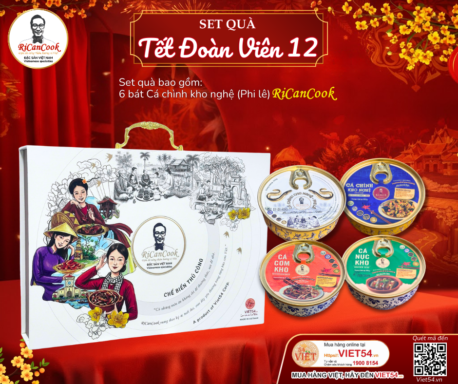 SET QUÀ TẾT ĐOÀN VIÊN 12 - RiCanCook - 1 Hộp mỹ thuật gồm 1 bát Cá Chình Kho Nghệ(Phi Lê) - 1 bát Cá Chình Kho Nghệ(Cắt Khoanh) - 2 bát Cá Cơm Kho - 2 bát Cá Nục Kho, 1 bát 250g