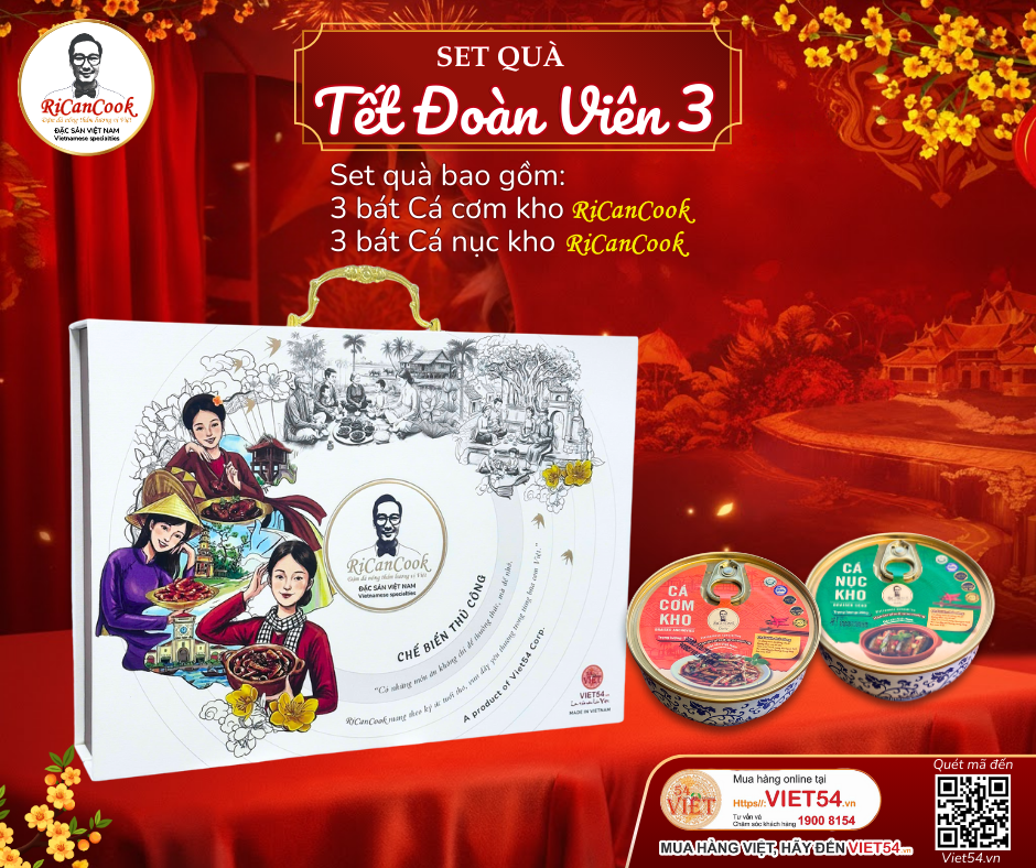 SET QUÀ TẾT ĐOÀN VIÊN 3 - RiCanCook - 1 Hộp mỹ thuật gồm 3 bát Cá Cơm Kho - 3 bát Cá Nục Kho, 1 bát 250g