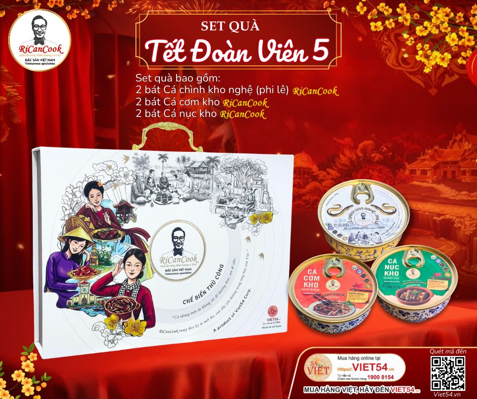 SET QUÀ TẾT ĐOÀN VIÊN 5 - RiCanCook - 1 Hộp mỹ thuật gồm 2 bát Cá Chình Kho Nghệ(Phi Lê) - 2 bát Cá Cơm Kho - 2 bát Cá Nục Kho, 1 bát 250g