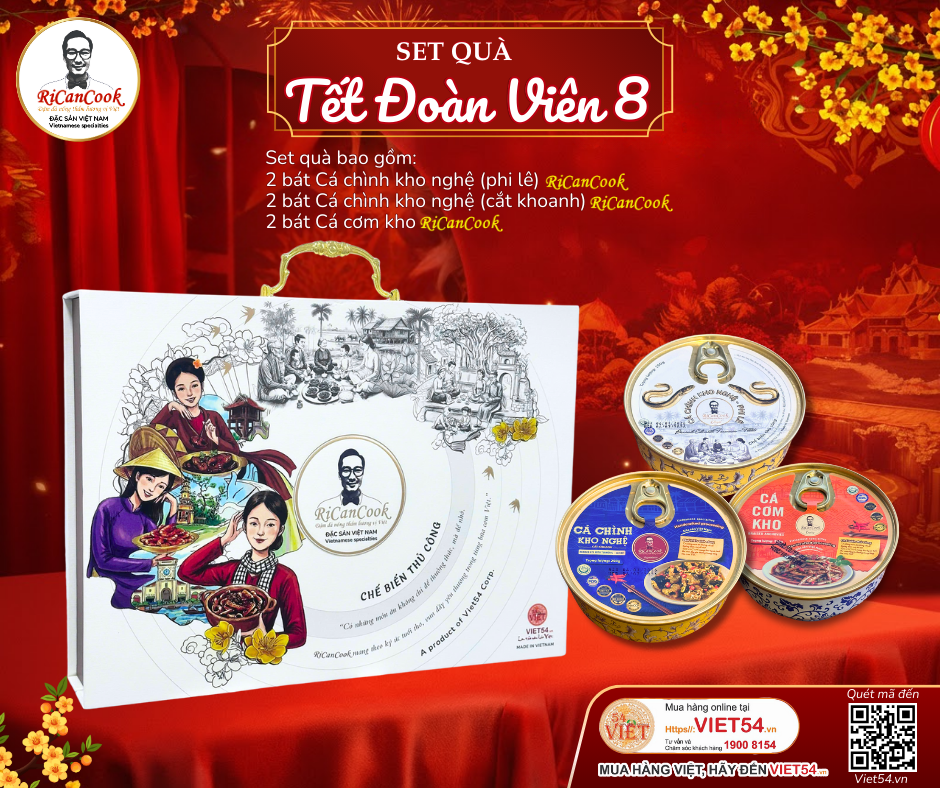 SET QUÀ TẾT ĐOÀN VIÊN 8 - RiCanCook - 1 Hộp mỹ thuật gồm 2 bát Cá Chình Kho Nghệ(Phi Lê) - 2 bát Cá Chình Kho Nghệ (Cắt Khoanh) - 2 bát Cá Cơm Kho, 1 bát 250g