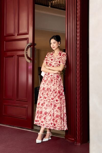  ĐẦM HOA CỔ V NHÚN EO 
