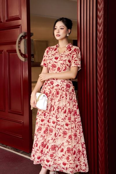  ĐẦM HOA CỔ V NHÚN EO 