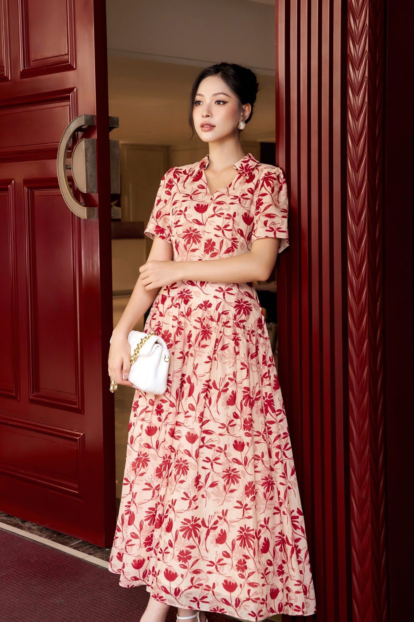  ĐẦM HOA CỔ V NHÚN EO 