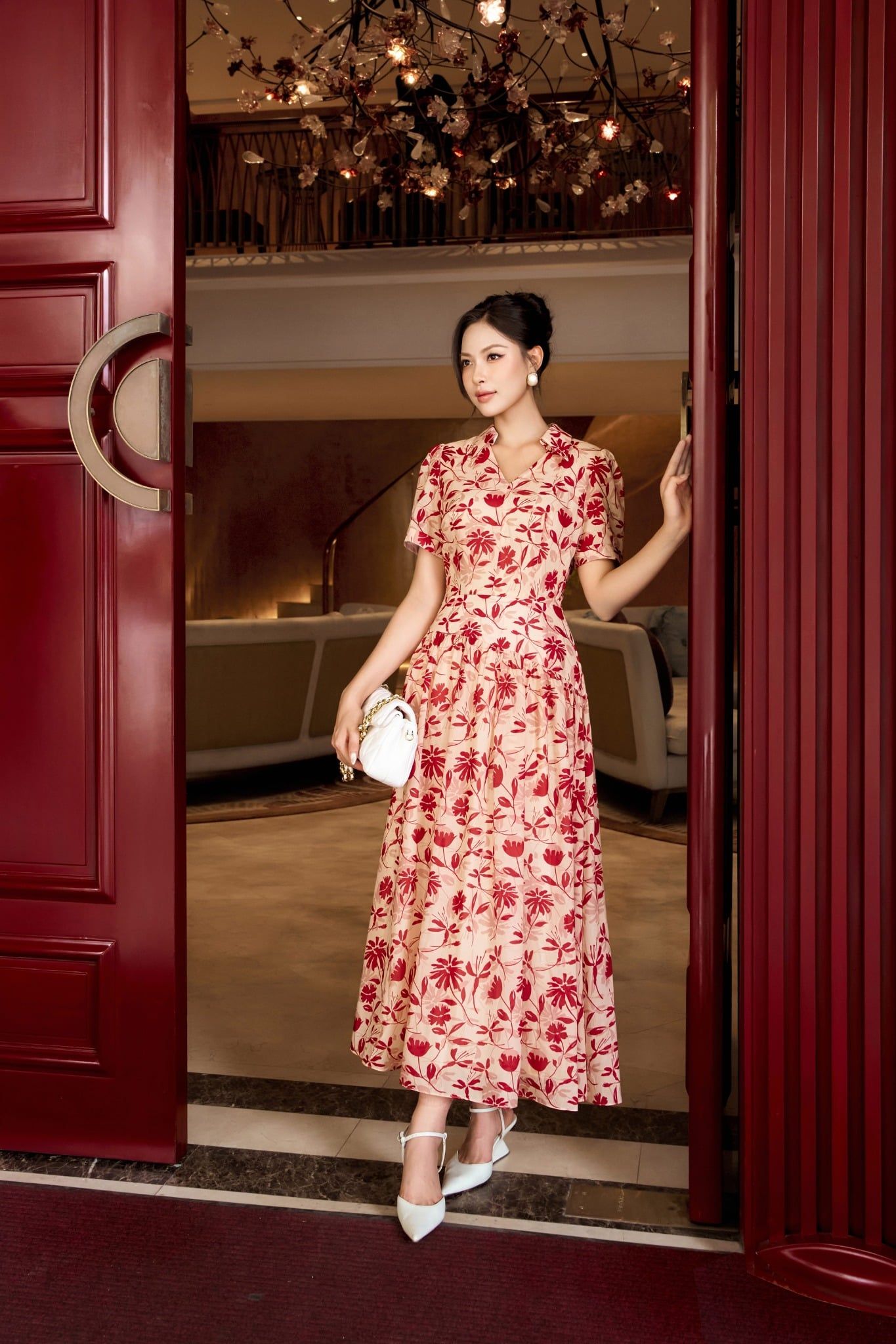  ĐẦM HOA CỔ V NHÚN EO 