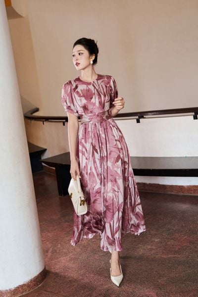  ĐẦM XẾP NHÚN ĐAI EO TAY BỒNG 