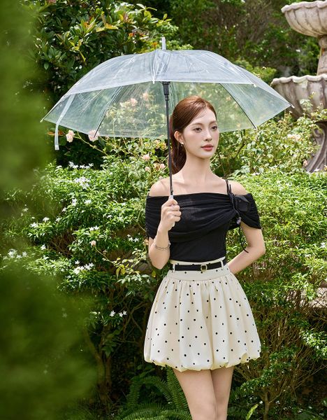  ÁO PHÔNG ĐEN LỆCH VAI HOA BÈO 