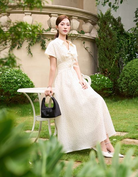  ĐẦM TƠ KEM CHẤM BI CẮT CÚP EO 