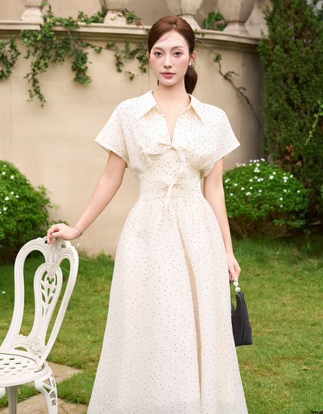  ĐẦM TƠ KEM CHẤM BI CẮT CÚP EO 