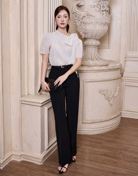  ÁO TƠ KEM CHẤM BI NƠ CỔ LỆCH 