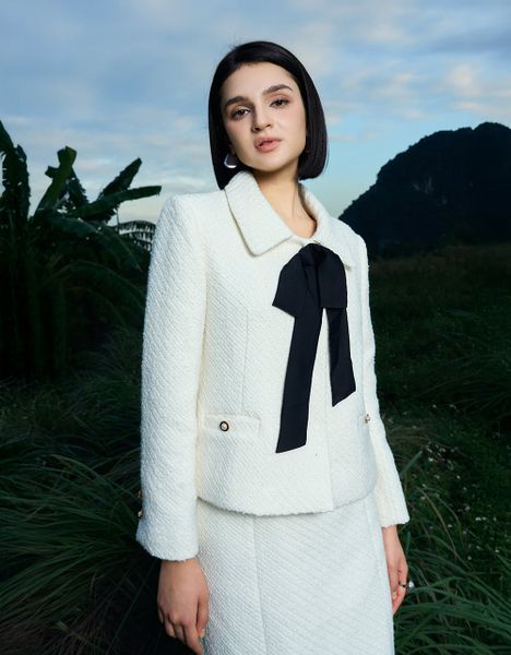  VEST DẠ TWEED SỢI NỔI TRẮNG DÂY NƠ LỤA ĐEN 