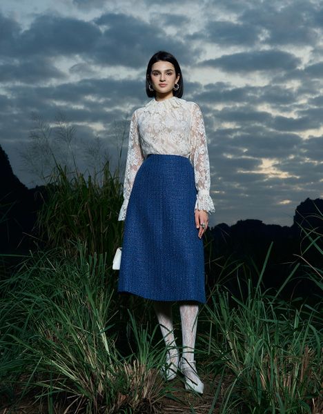  CHÂN VÁY TWEED XANH DƯƠNG KIM TUYẾN 