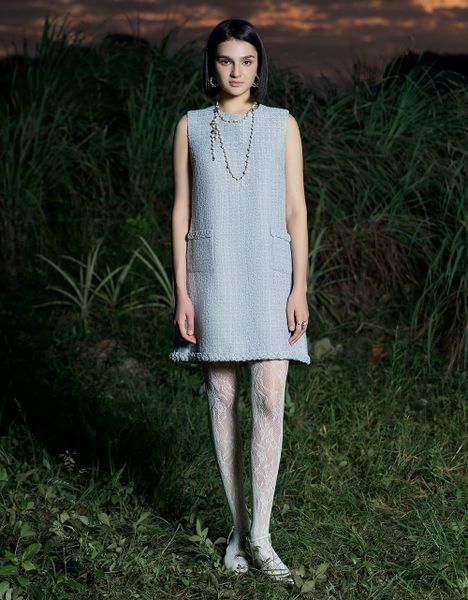  ĐẦM SUÔNG TWEED GHI SÁNG KT ỐP TÚI 