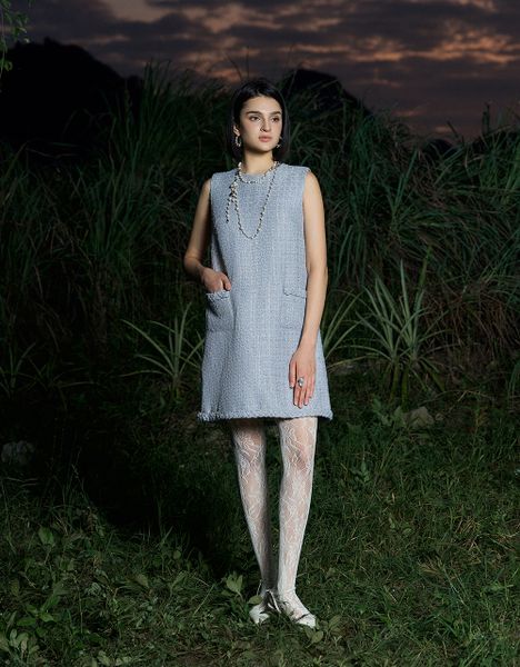  ĐẦM SUÔNG TWEED GHI SÁNG KT ỐP TÚI 