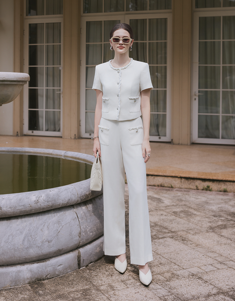  VEST SỢI TWEED TRẮNG KEM VIỀN DÂY PHỤ KIỆN 