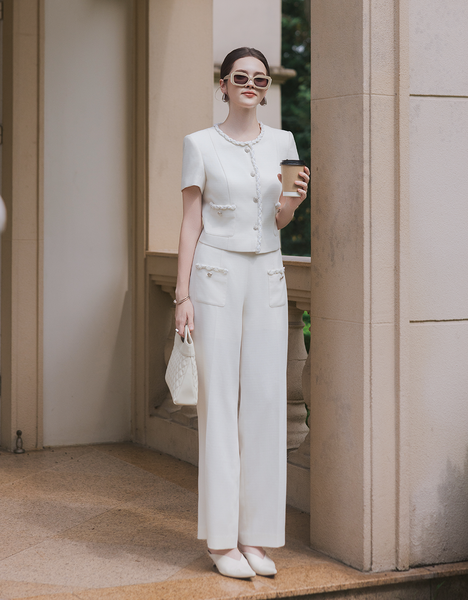  QUẦN SUÔNG SỢI TWEED TRẮNG KEM TÚI TRƯỚC 