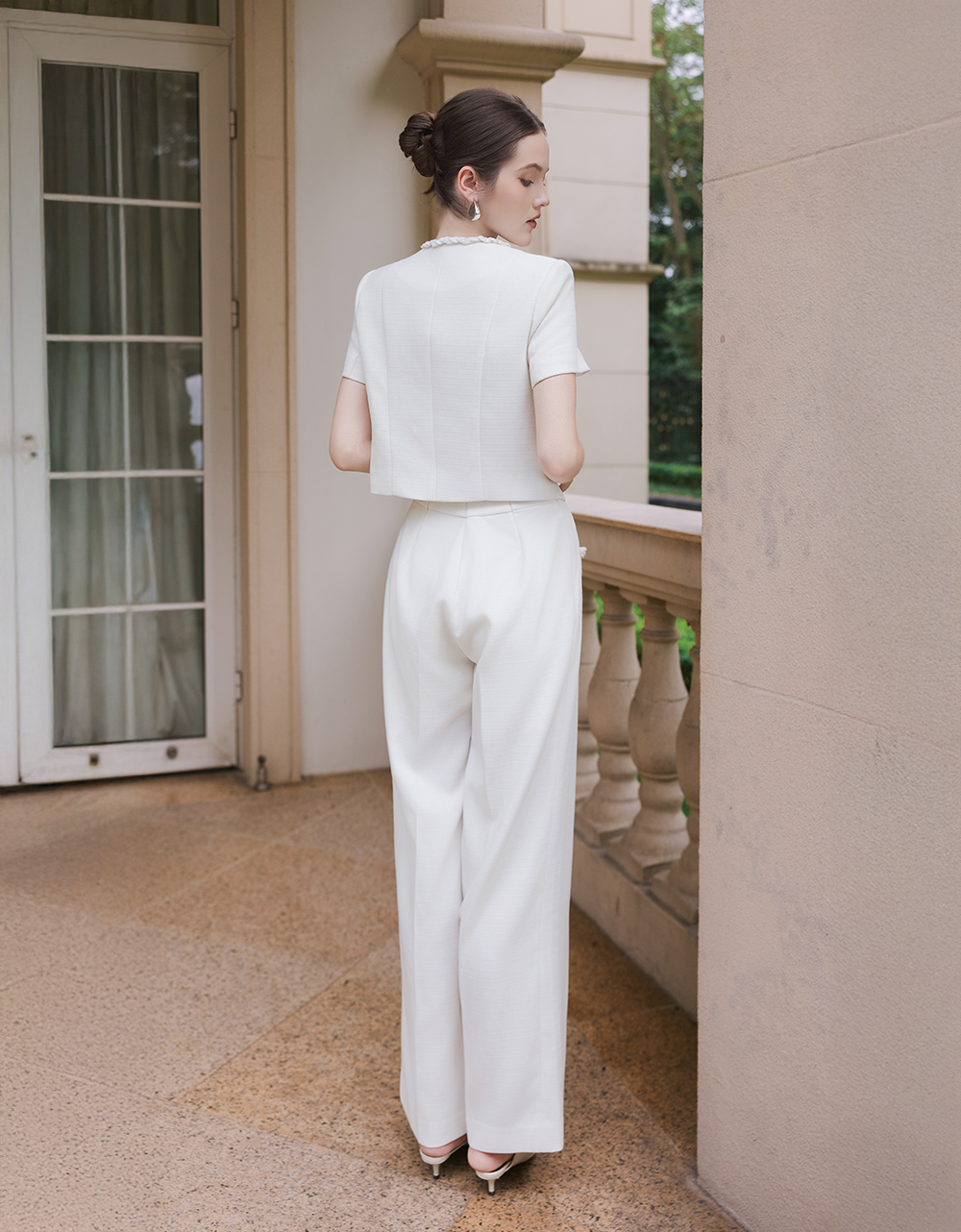  QUẦN SUÔNG SỢI TWEED TRẮNG KEM TÚI TRƯỚC 