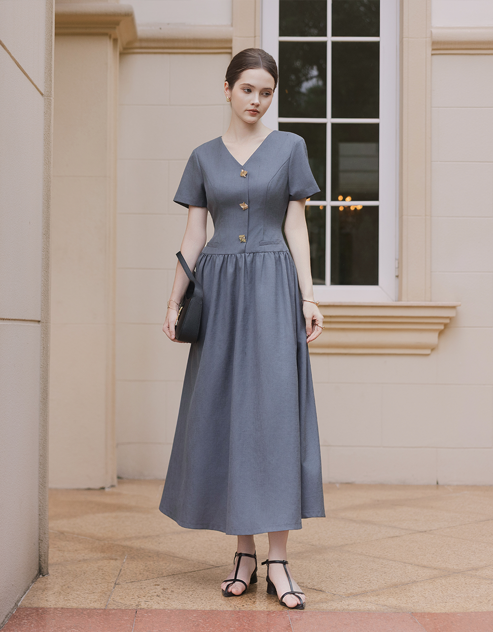  ĐẦM GHI NHÚN EO CỔ V 