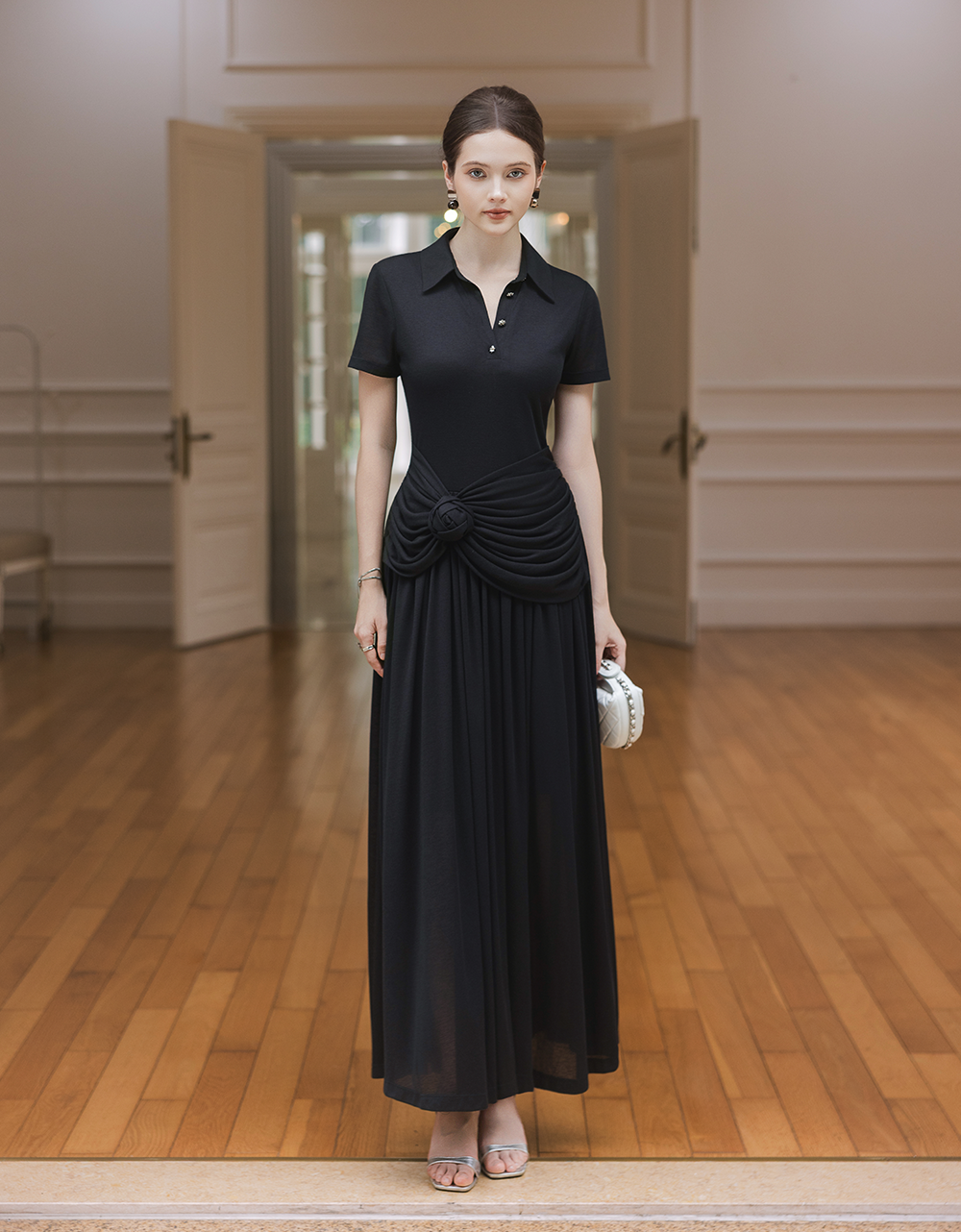  ĐẦM THUN XẾP NHÚN EO ĐÍNH HOA 