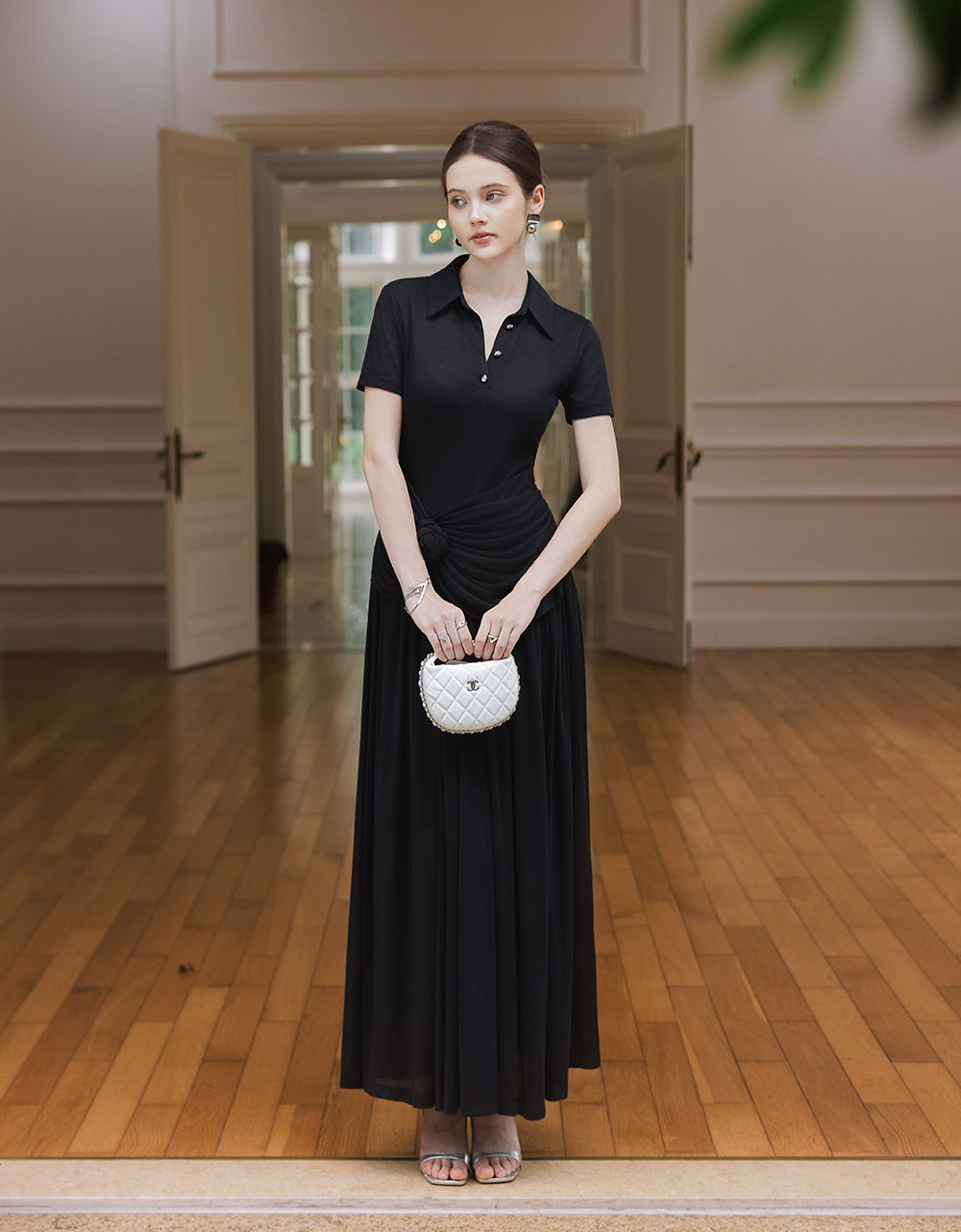  ĐẦM THUN XẾP NHÚN EO ĐÍNH HOA 