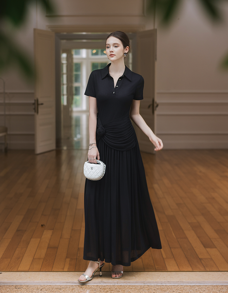  ĐẦM THUN XẾP NHÚN EO ĐÍNH HOA 