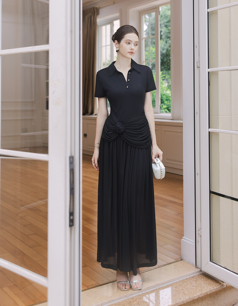  ĐẦM THUN XẾP NHÚN EO ĐÍNH HOA 