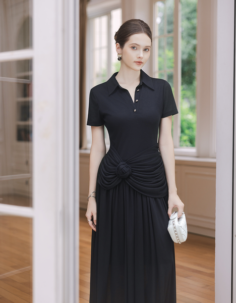  ĐẦM THUN XẾP NHÚN EO ĐÍNH HOA 