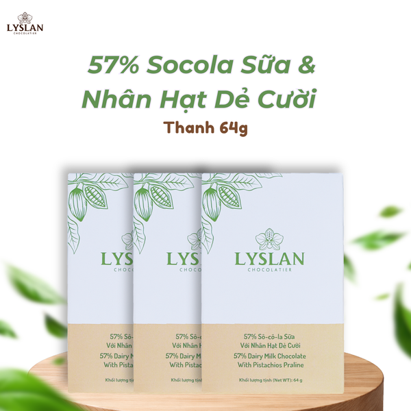 57% Sô-cô-la Sữa với Nhân Hạt Dẻ Cười LysLan - Thanh 64g