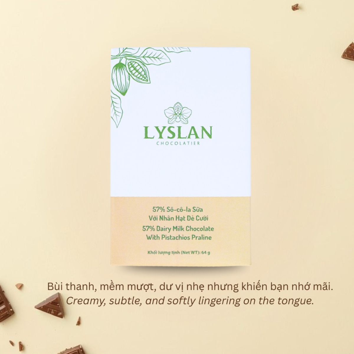 57% Sô-cô-la Sữa với Nhân Hạt Dẻ Cười LysLan - Thanh 64g