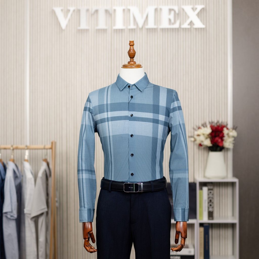 ÁO SƠ MI DÀI TAY VITIMEX DÁNG RỘNG VỪA REGULAR KẺ ATD 4012