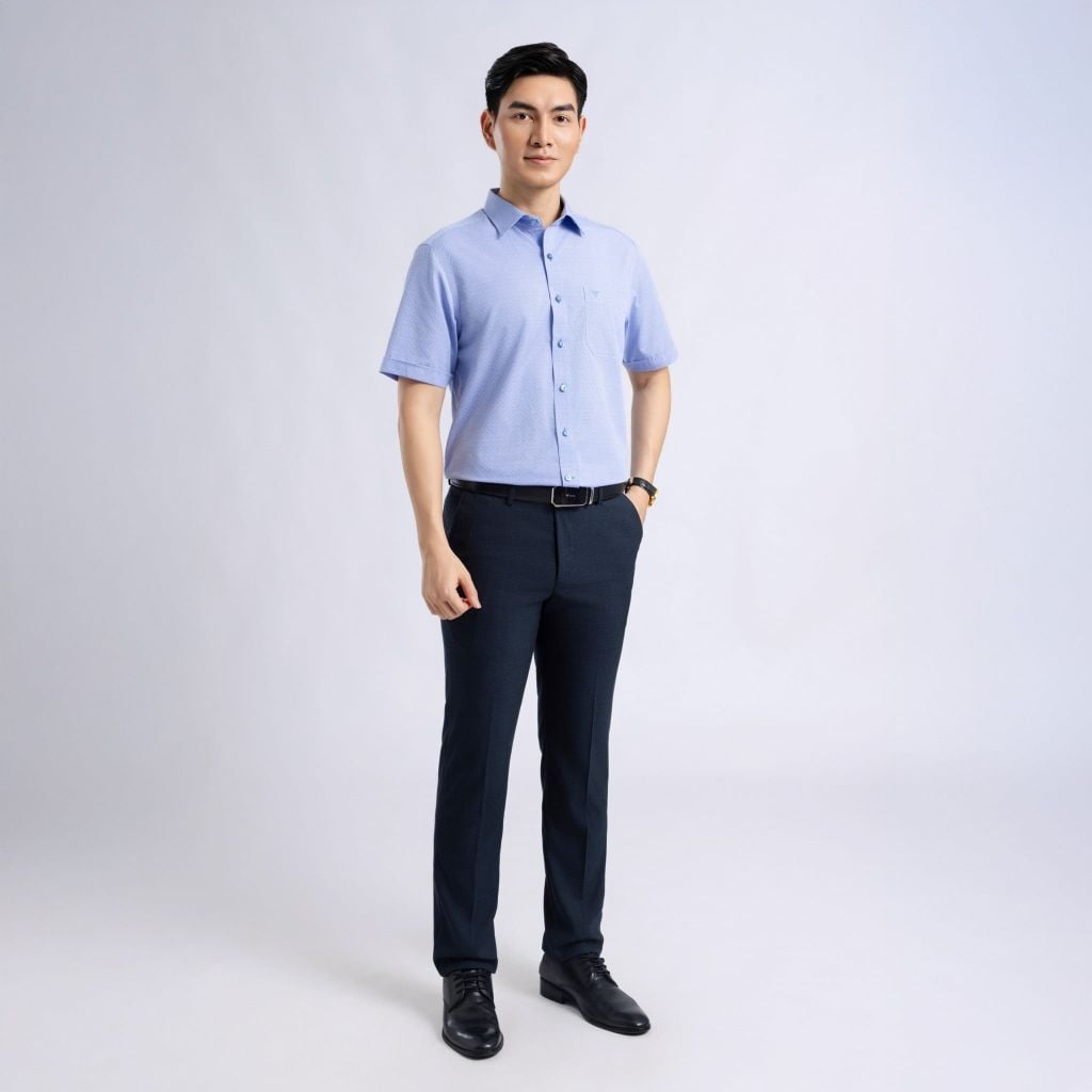 ÁO SƠ MI NGẮN TAY VITIMEX DÁNG RỘNG VỪA REGULAR HỌA TIẾT CHÌM ARC 4045
