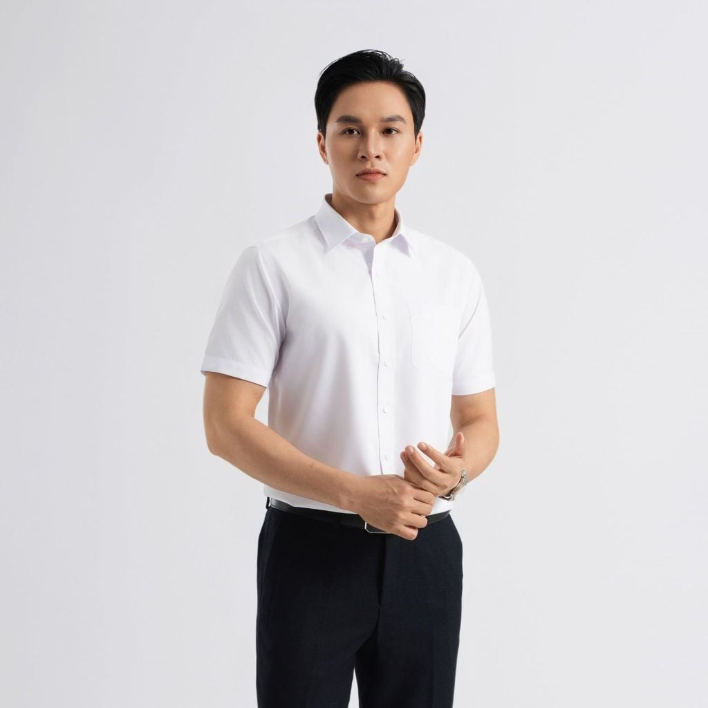 ÁO SƠ MI NGẮN TAY VITIMEX DÁNG RỘNG VỪA REGULAR TRẮNG TRƠN ARC 7265