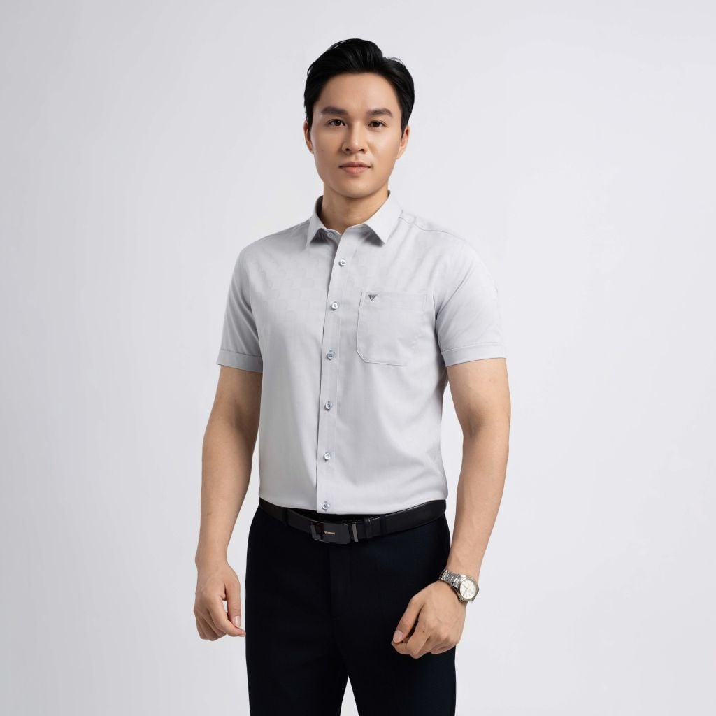 ÁO SƠ MI NGẮN TAY VẠT BẰNG VITIMEX DÁNG ÔM VỪA SLIMFIT HỌA TIẾT CHÌM ASB 4077
