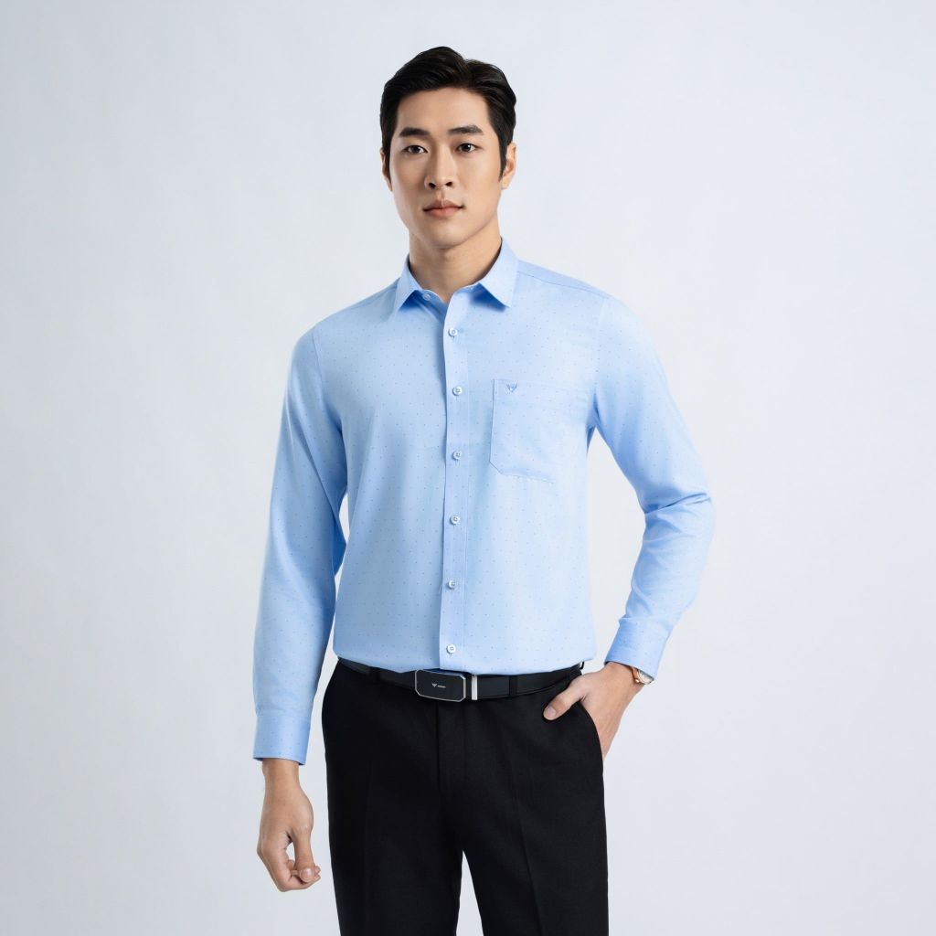 ÁO SƠ MI DÀI TAY VITIMEX DÁNG ÔM VỪA SLIMFIT HỌA TIẾT CHẤM BI ASD 7737