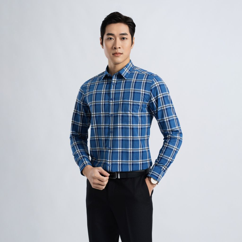 ÁO SƠ MI DÀI TAY VITIMEX DÁNG ÔM VỪA SLIMFIT KẺ CARO ASD 7823